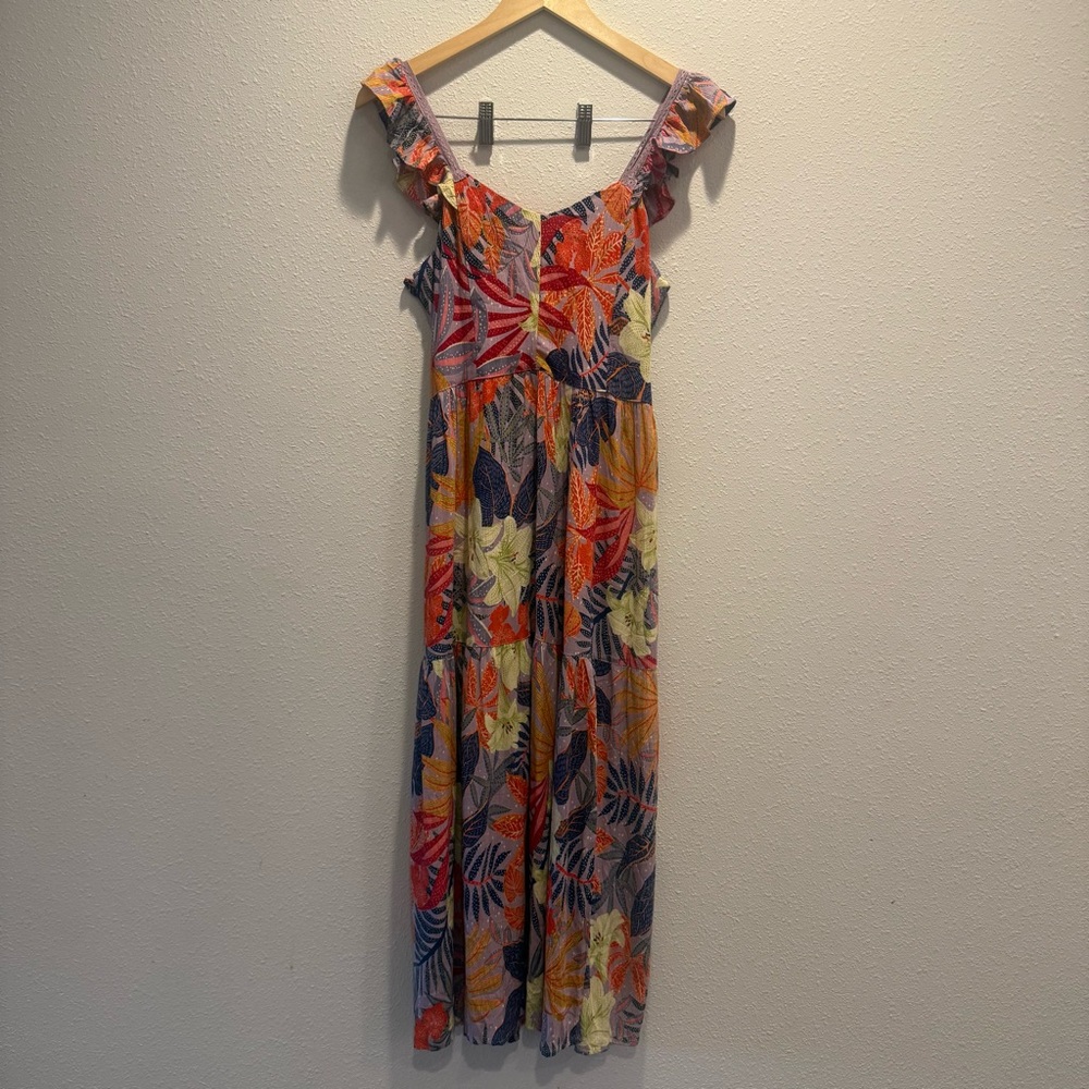 Angie Tropical Floral Maxi Dress Ruffle Strap Crochet Trim Boho Cottagecore M